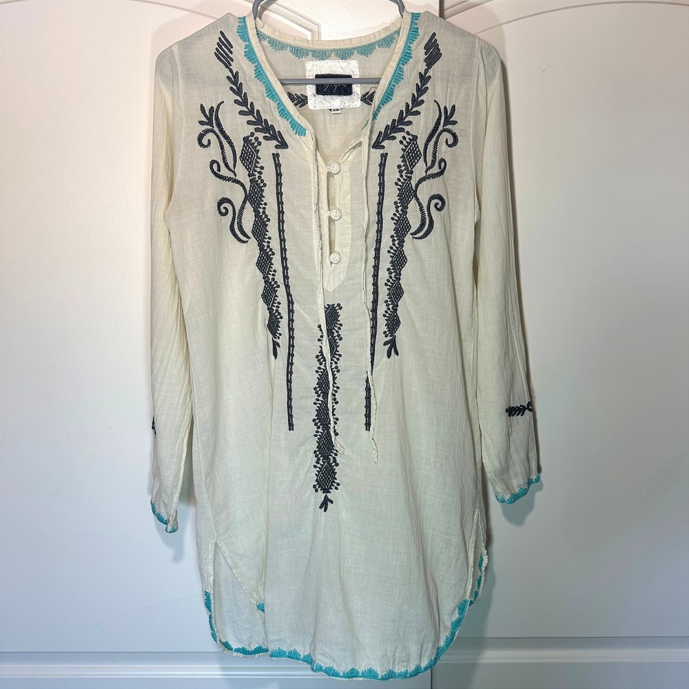Johnny Was Biya Embroidered Cotton Tunic Shirt Boho Hippie Cream Button Women XS